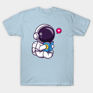 Cute Astronaut Reading Book Cartoon T-Shirt